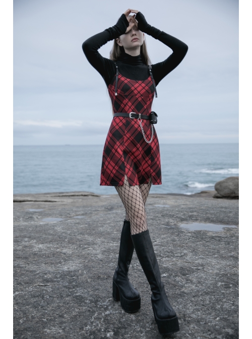 Steam Punk Female Black Red Lattice PU Leather Strap High Waist Dress