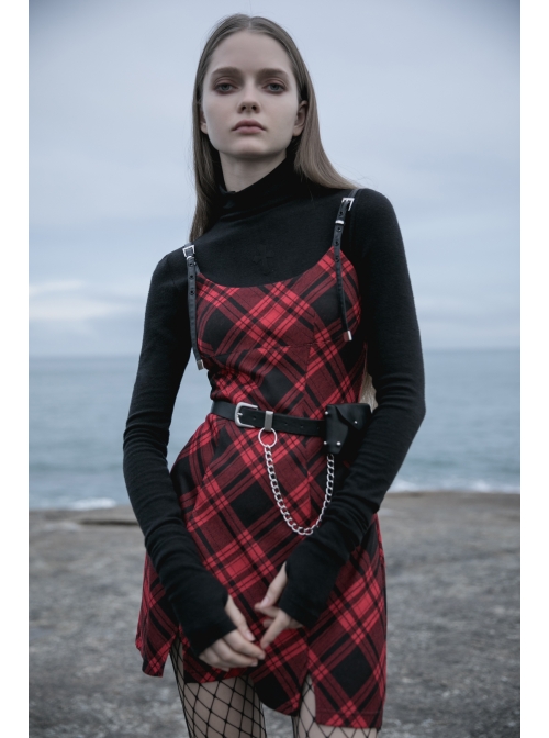 Steam Punk Female Black Red Lattice PU Leather Strap High Waist Dress