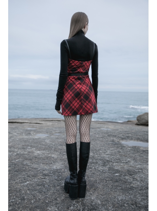 Steam Punk Female Black Red Lattice PU Leather Strap High Waist Dress