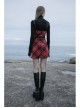Steam Punk Female Black Red Lattice PU Leather Strap High Waist Dress