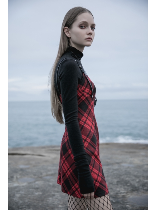 Steam Punk Female Black Red Lattice PU Leather Strap High Waist Dress