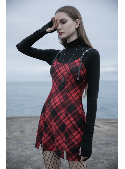 Steam Punk Female Black Red Lattice PU Leather Strap High Waist Dress