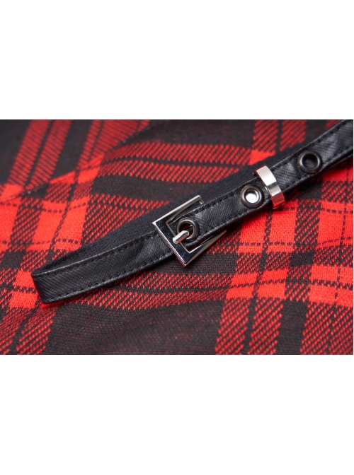 Steam Punk Female Black Red Lattice PU Leather Strap High Waist Dress