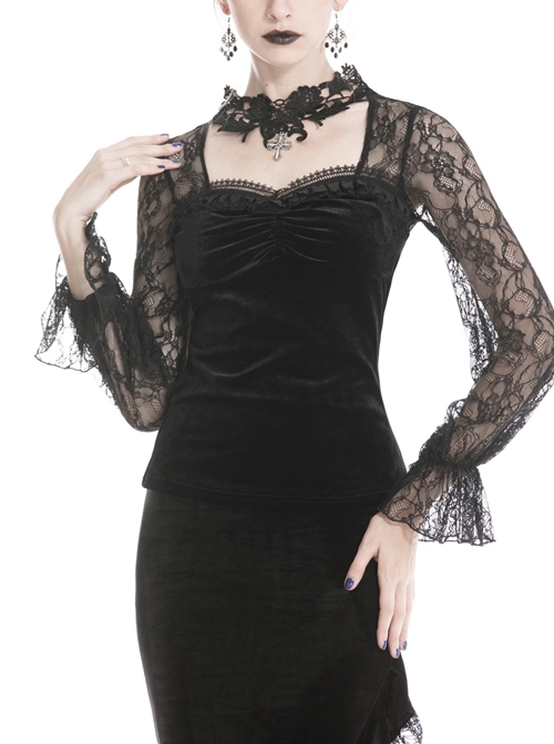 Decals Necklace Collar Back Lace-Up Lantern Sleeve Black Gothic Velvet T-Shirt