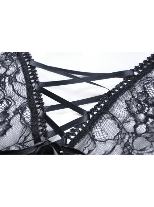 Decals Necklace Collar Back Lace-Up Lantern Sleeve Black Gothic Velvet T-Shirt