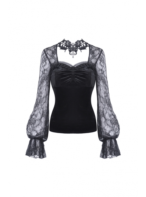 Decals Necklace Collar Back Lace-Up Lantern Sleeve Black Gothic Velvet T-Shirt