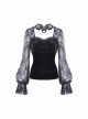 Decals Necklace Collar Back Lace-Up Lantern Sleeve Black Gothic Velvet T-Shirt