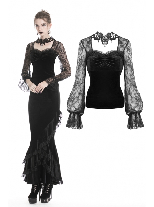 Decals Necklace Collar Back Lace-Up Lantern Sleeve Black Gothic Velvet T-Shirt