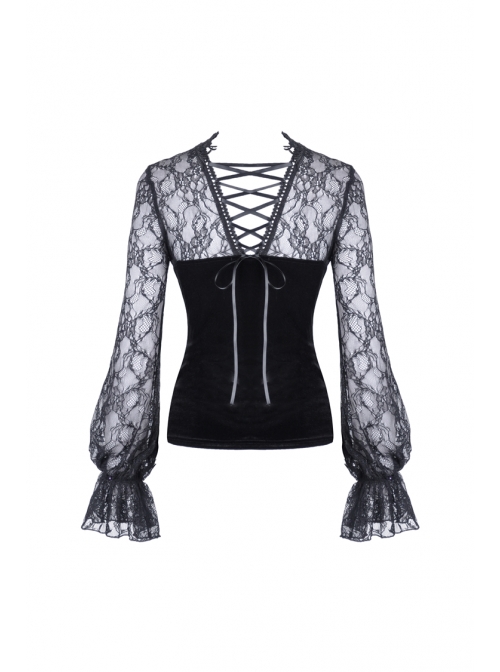 Decals Necklace Collar Back Lace-Up Lantern Sleeve Black Gothic Velvet T-Shirt