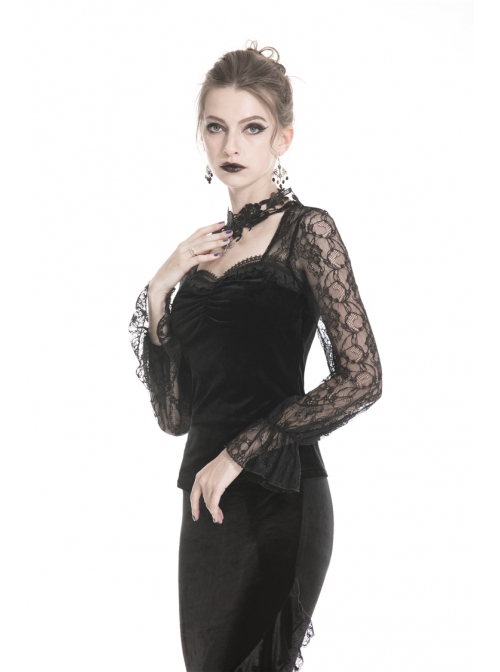 Decals Necklace Collar Back Lace-Up Lantern Sleeve Black Gothic Velvet T-Shirt