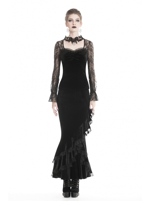 Decals Necklace Collar Back Lace-Up Lantern Sleeve Black Gothic Velvet T-Shirt