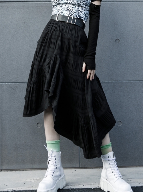 Steam Punk Female Casual Black Irregular Hem Elastic Long Skirt