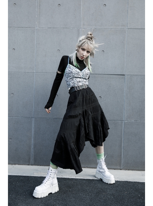 Steam Punk Female Casual Black Irregular Hem Elastic Long Skirt