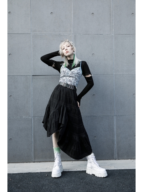 Steam Punk Female Casual Black Irregular Hem Elastic Long Skirt