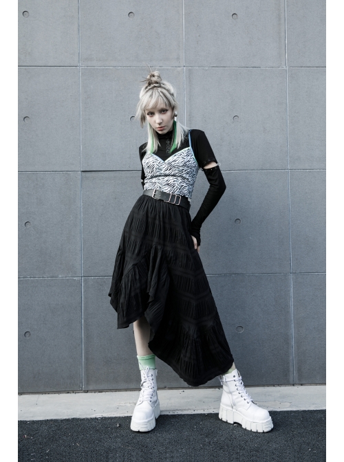 Steam Punk Female Casual Black Irregular Hem Elastic Long Skirt