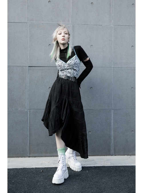 Steam Punk Female Casual Black Irregular Hem Elastic Long Skirt