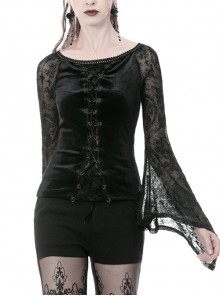 Big Round Collar Front Lace-Up Lace Flare Sleeve Black Gothic Velvet T-Shirt