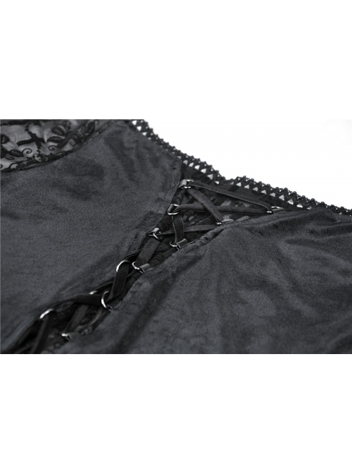Big Round Collar Front Lace-Up Lace Flare Sleeve Black Gothic Velvet T-Shirt