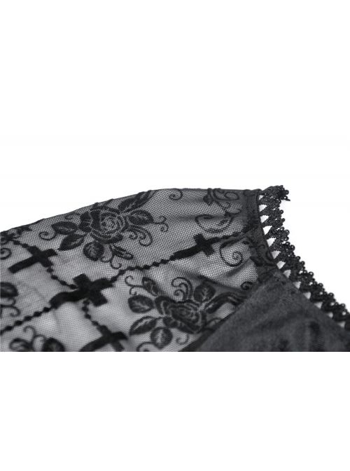 Big Round Collar Front Lace-Up Lace Flare Sleeve Black Gothic Velvet T-Shirt