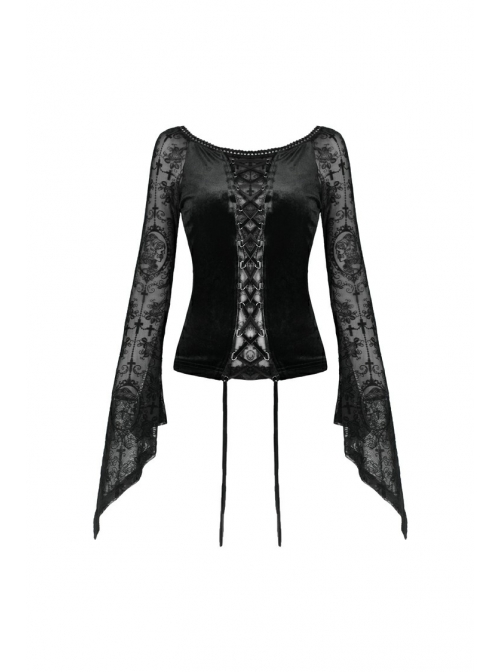 Big Round Collar Front Lace-Up Lace Flare Sleeve Black Gothic Velvet T-Shirt