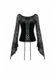 Big Round Collar Front Lace-Up Lace Flare Sleeve Black Gothic Velvet T-Shirt