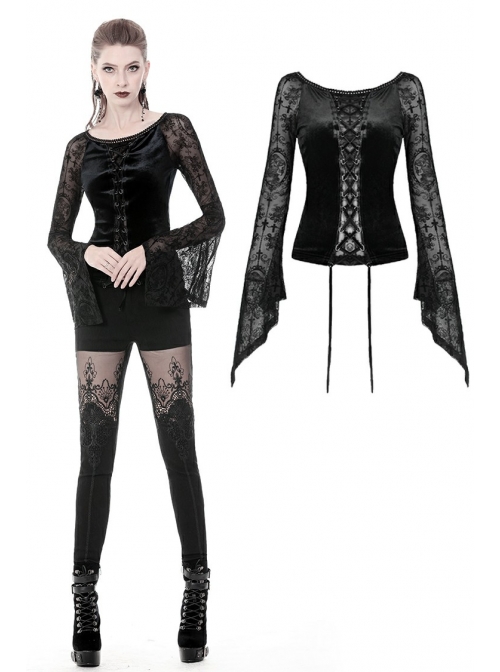 Big Round Collar Front Lace-Up Lace Flare Sleeve Black Gothic Velvet T-Shirt
