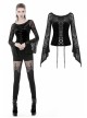 Big Round Collar Front Lace-Up Lace Flare Sleeve Black Gothic Velvet T-Shirt
