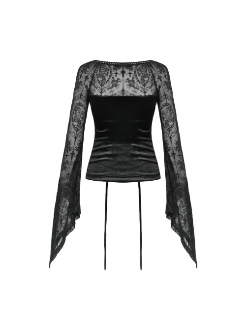 Big Round Collar Front Lace-Up Lace Flare Sleeve Black Gothic Velvet T-Shirt