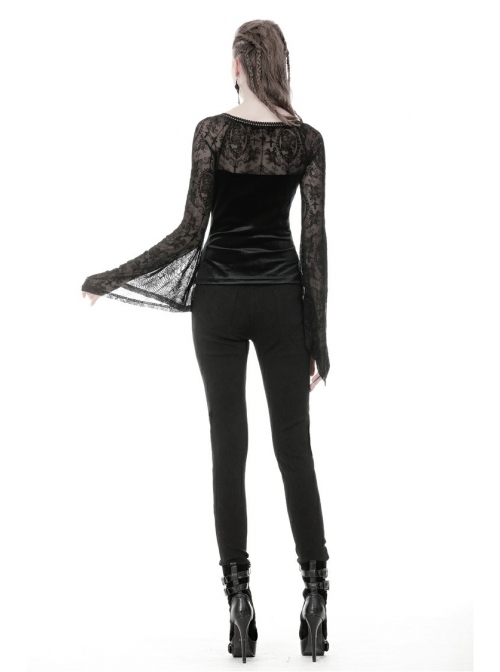 Big Round Collar Front Lace-Up Lace Flare Sleeve Black Gothic Velvet T-Shirt