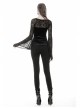 Big Round Collar Front Lace-Up Lace Flare Sleeve Black Gothic Velvet T-Shirt