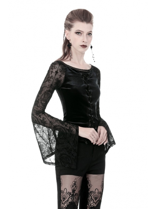 Big Round Collar Front Lace-Up Lace Flare Sleeve Black Gothic Velvet T-Shirt