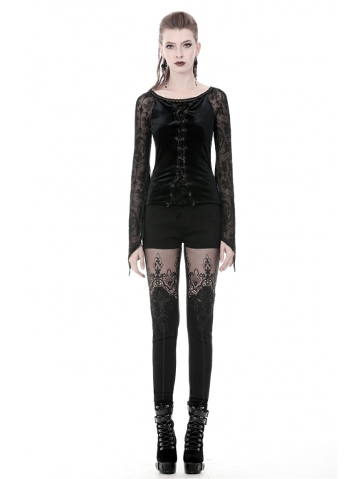 Big Round Collar Front Lace-Up Lace Flare Sleeve Black Gothic Velvet T-Shirt