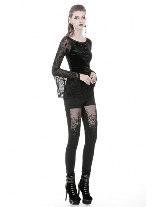 Big Round Collar Front Lace-Up Lace Flare Sleeve Black Gothic Velvet T-Shirt