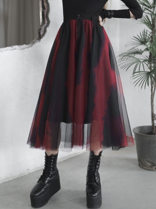 Steam Punk Female Black Red Mesh Stitching Loose Long Skirt
