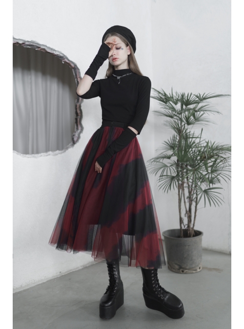 Steam Punk Female Black Red Mesh Stitching Loose Long Skirt