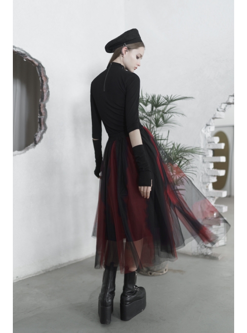 Steam Punk Female Black Red Mesh Stitching Loose Long Skirt