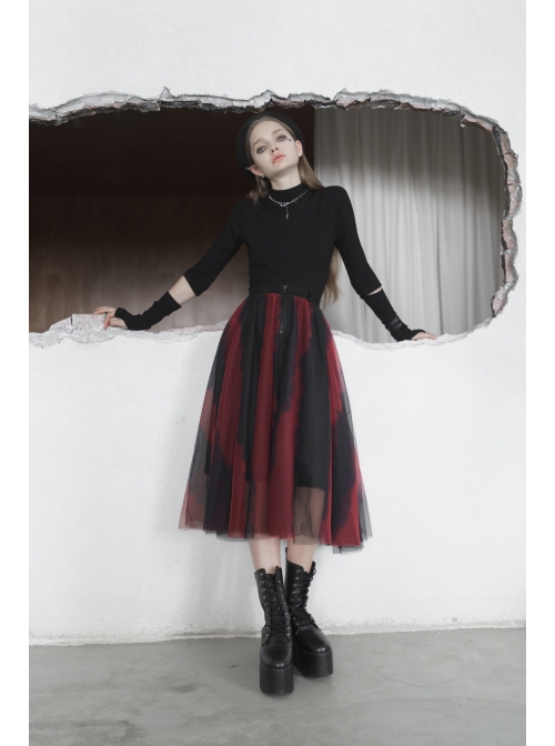Steam Punk Female Black Red Mesh Stitching Loose Long Skirt