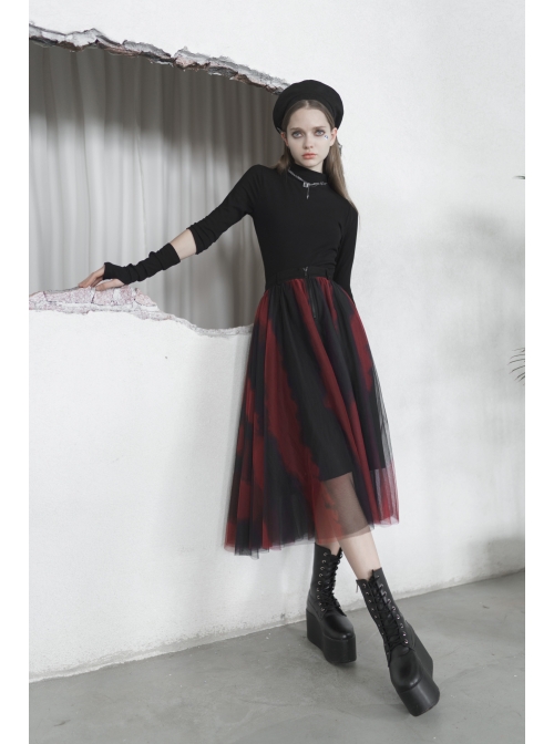 Steam Punk Female Black Red Mesh Stitching Loose Long Skirt