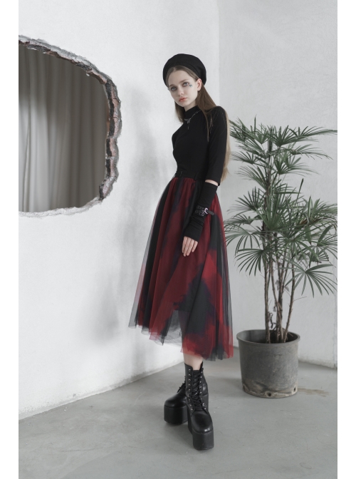 Steam Punk Female Black Red Mesh Stitching Loose Long Skirt