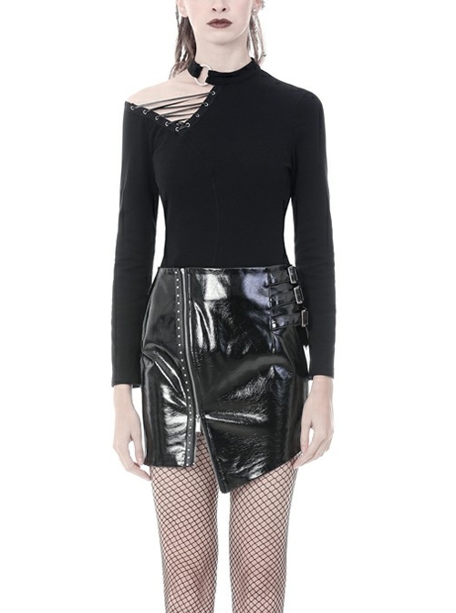 High Collar One-Shoulder Hollow-Out Lace-Up Black Punk Tight T-Shirt