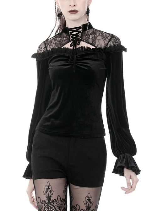 Black Gothic Lace-Up Collar Lace Shoulder Lantern Sleeve Velvet T-Shirt