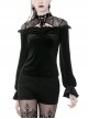 Black Gothic Lace-Up Collar Lace Shoulder Lantern Sleeve Velvet T-Shirt
