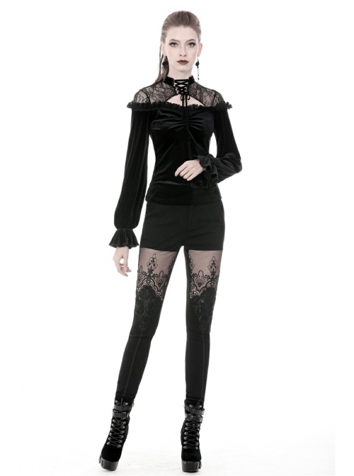 Black Gothic Lace-Up Collar Lace Shoulder Lantern Sleeve Velvet T-Shirt