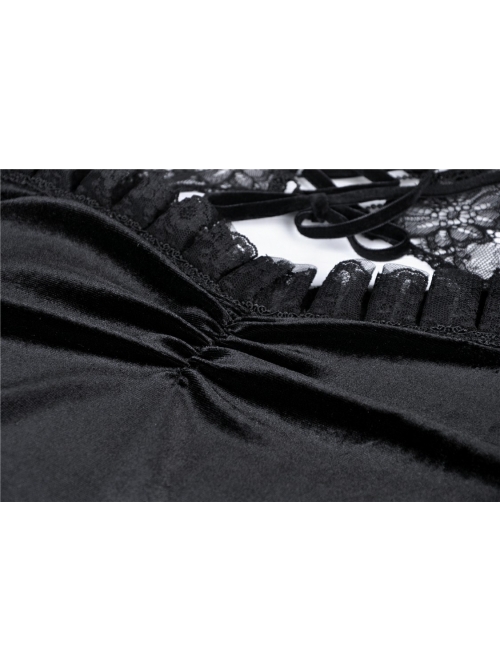 Black Gothic Lace-Up Collar Lace Shoulder Lantern Sleeve Velvet T-Shirt