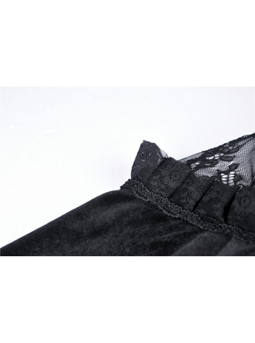 Black Gothic Lace-Up Collar Lace Shoulder Lantern Sleeve Velvet T-Shirt