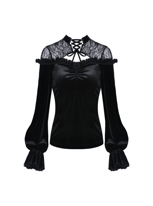 Black Gothic Lace-Up Collar Lace Shoulder Lantern Sleeve Velvet T-Shirt