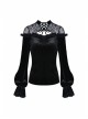 Black Gothic Lace-Up Collar Lace Shoulder Lantern Sleeve Velvet T-Shirt
