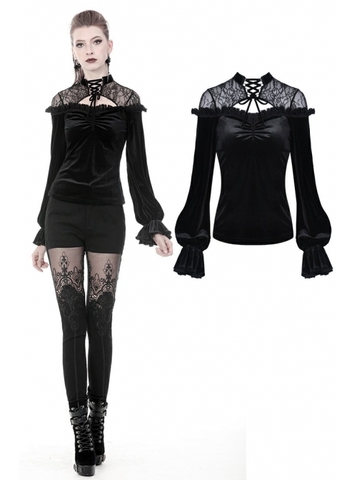 Black Gothic Lace-Up Collar Lace Shoulder Lantern Sleeve Velvet T-Shirt