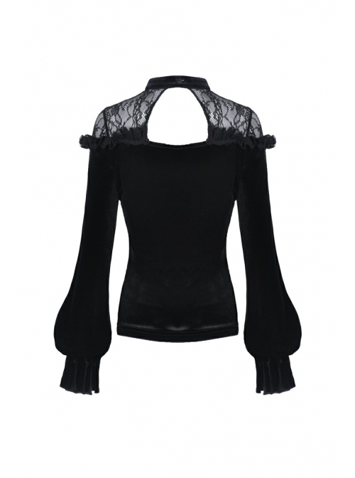 Black Gothic Lace-Up Collar Lace Shoulder Lantern Sleeve Velvet T-Shirt