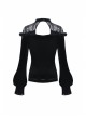 Black Gothic Lace-Up Collar Lace Shoulder Lantern Sleeve Velvet T-Shirt